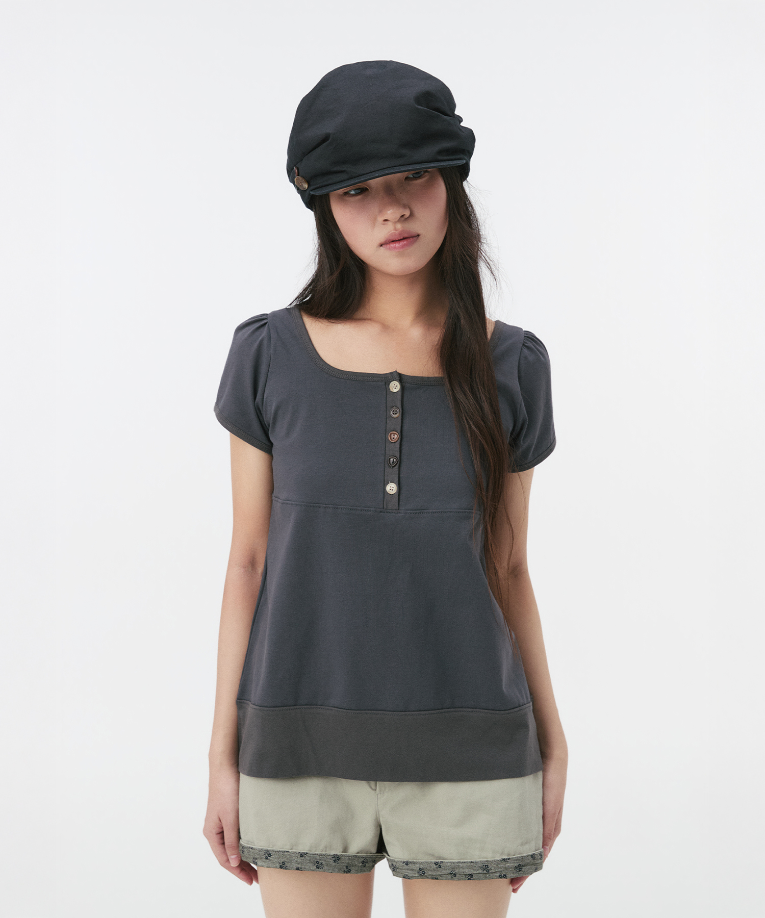 SQUARE NECK JERSEY BLOUSE, CHARCOAL