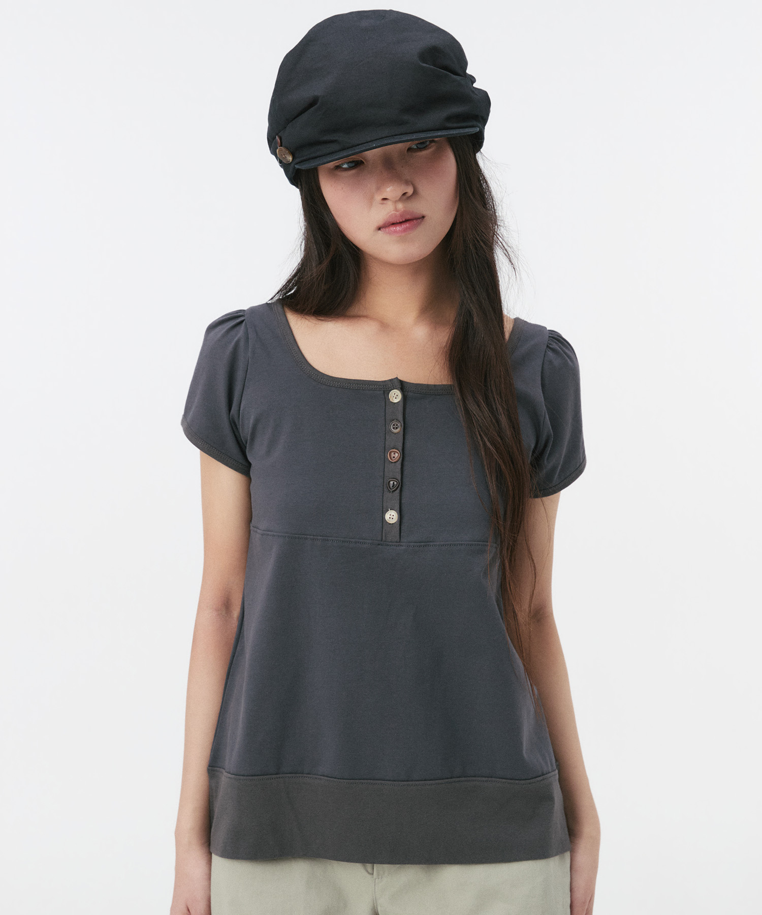 SQUARE NECK JERSEY BLOUSE, CHARCOAL