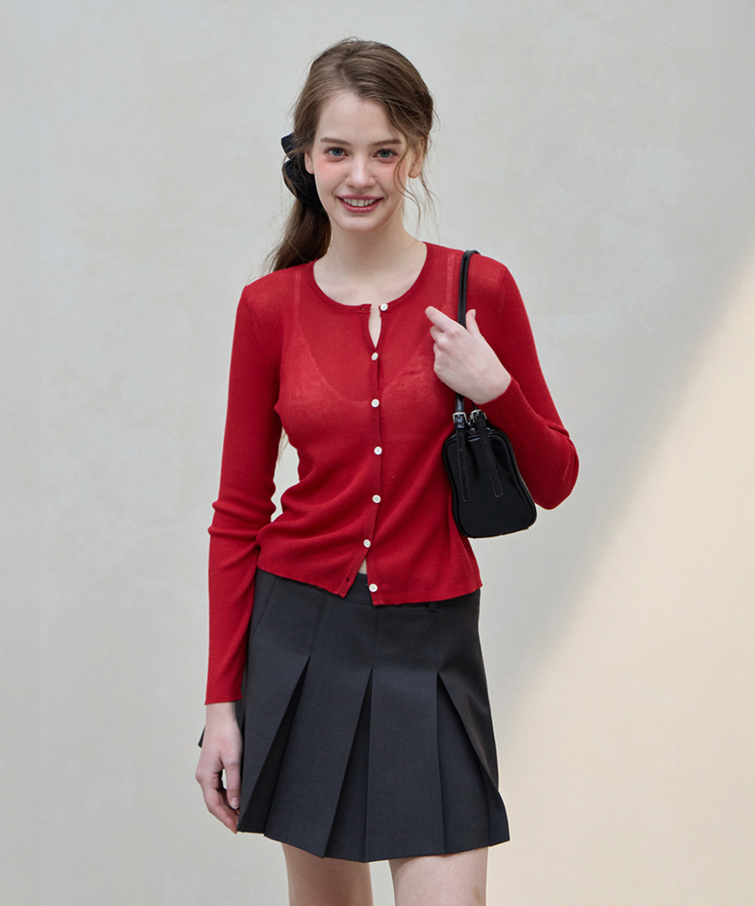 (woman) Прозрачный кардиган в рубчик на пуговицах_Red