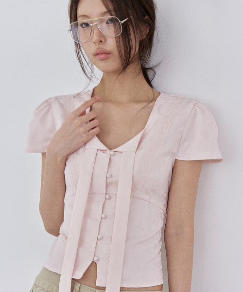 Floral Jacquard Lace Tie Blouse, PINK