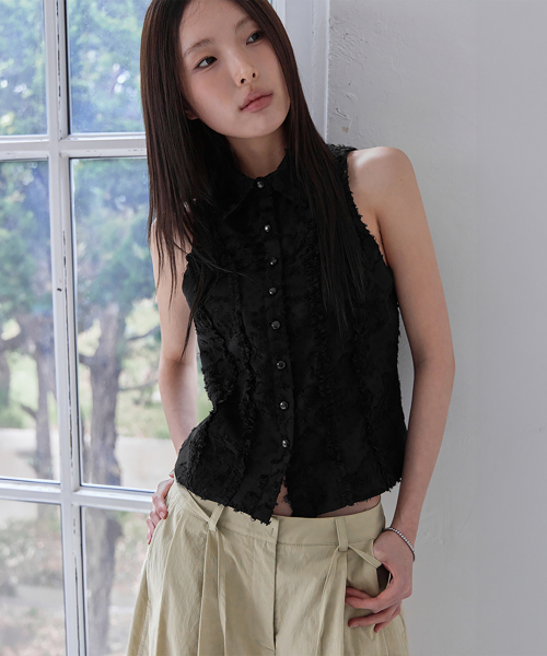 Soft Fringe Sleeveless рубашка, BLACK