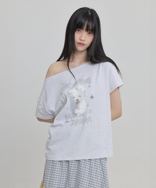 MELLOW DREAM Gooreum Off Shoulder Half Sleeve T-shirt MELANGE WHITE
