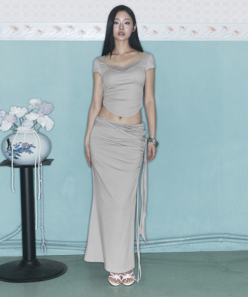 Ina Shirring Long Skirt (Ash Beige)