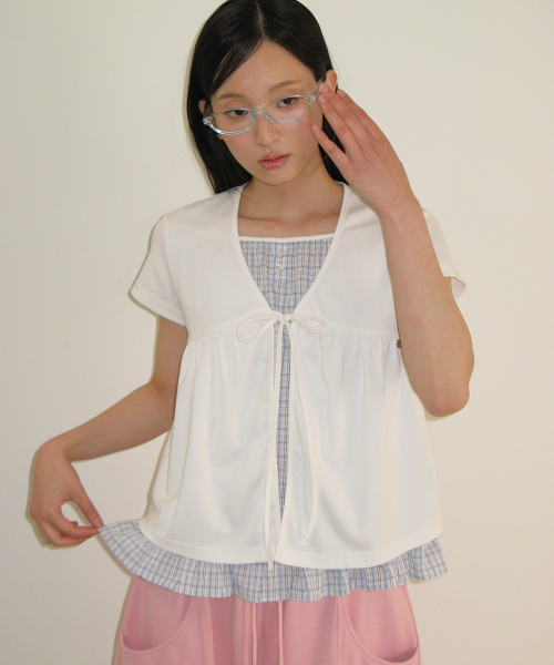 CARDIGAN LAYERED SOFT CHECK T SHIRT WHITE