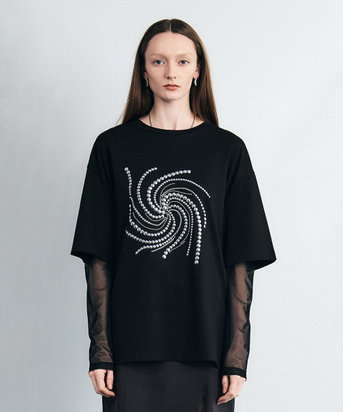 Лонгслив из сетки со стразами и многослойностью (Black)