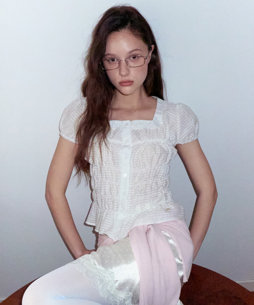 SQUARE NECK CHECK BUTTON BLOUSE WHITE
