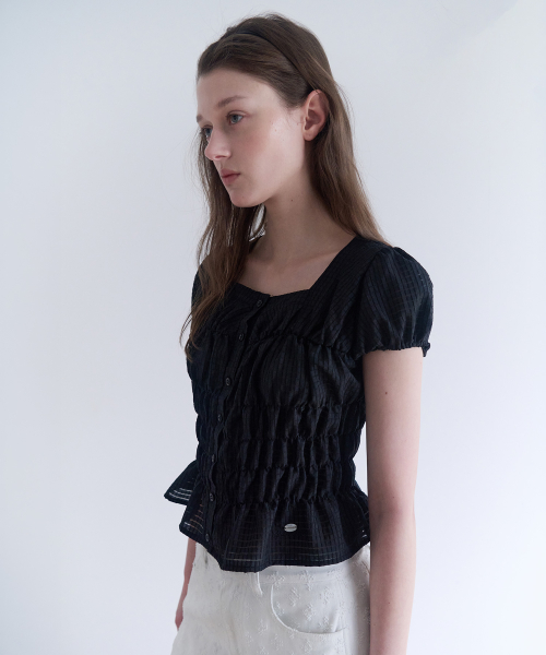 SQUARE NECK CHECK BUTTON BLOUSE BLACK