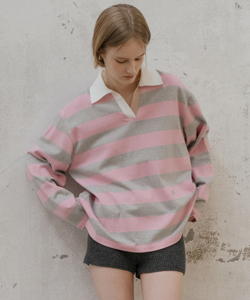 Stripe check detail t-shirt [TISP06LT01]_Pink