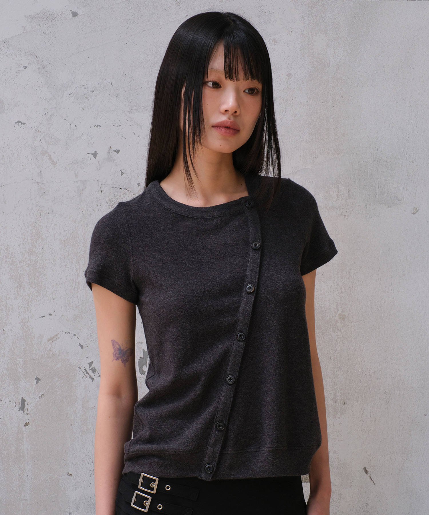 ASYMMETRY COTTON CARDIGAN (CHARCOAL)