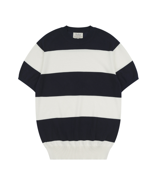 Essential Hard Twist Cotton Short Sleeve Striped Knit (Ivory/Navy)