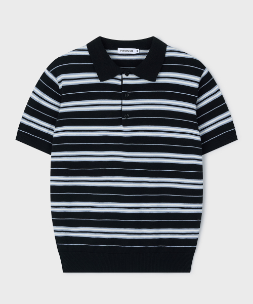Multi Stripe Short Sleeve Polo Knit - Black