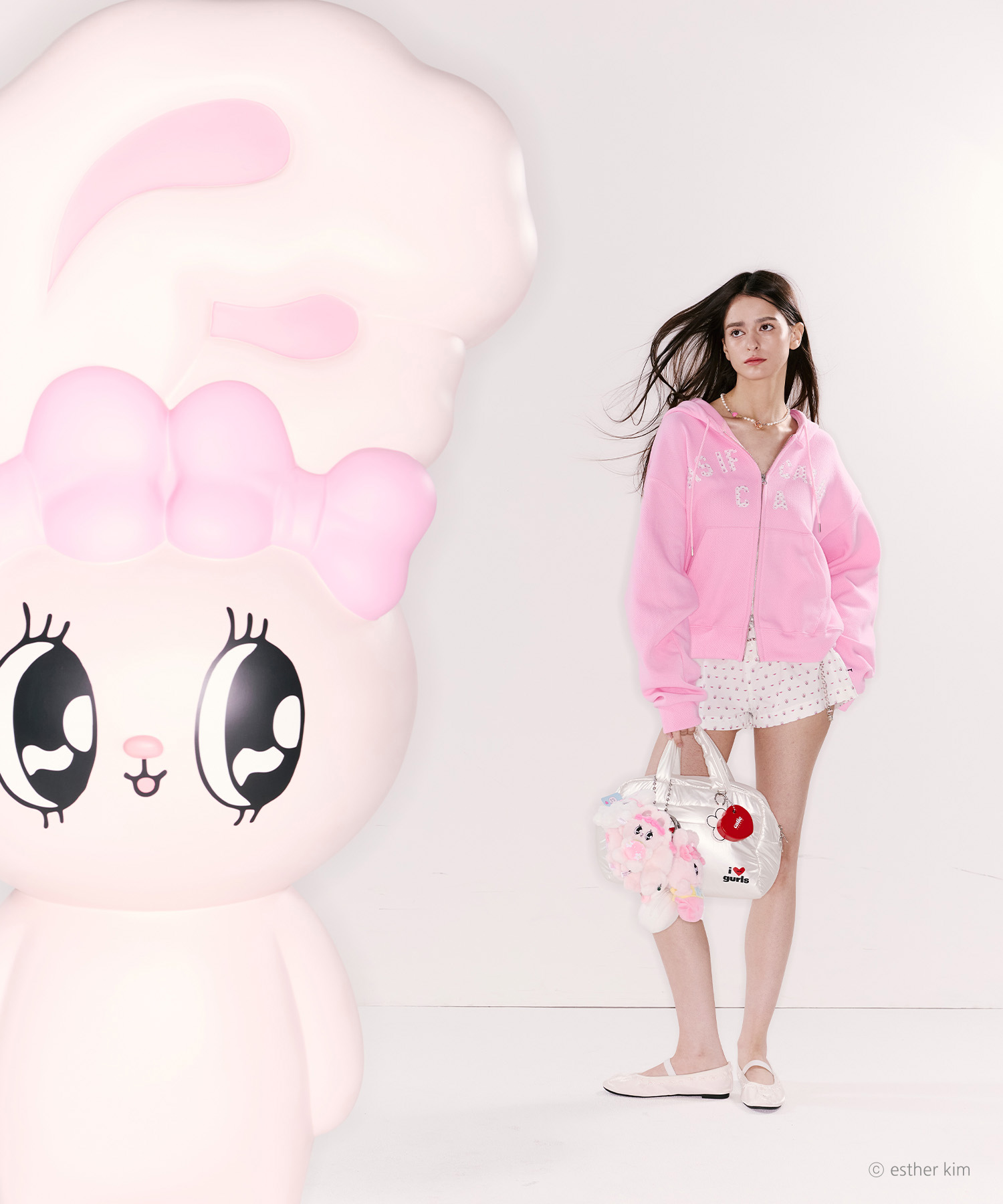 ESTHER BUNNY X AS IF CALIE BUNNY PATTERN APPLIQUE HOOD ZIP UP PINK