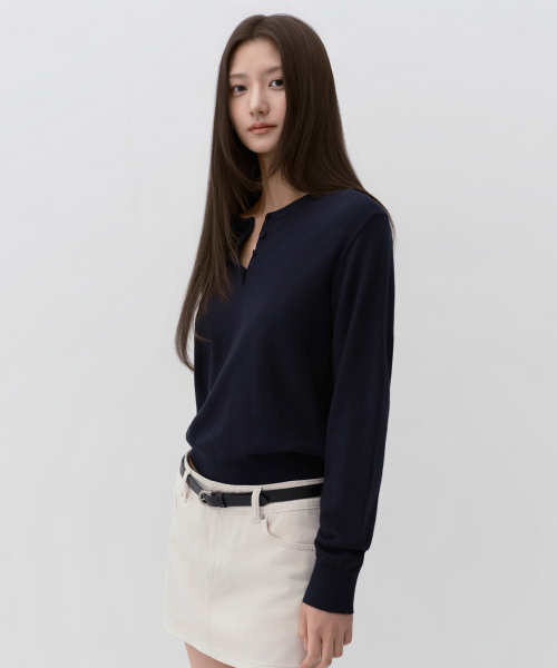우먼즈 에센셜 헨리 넥 니트 [네이비]