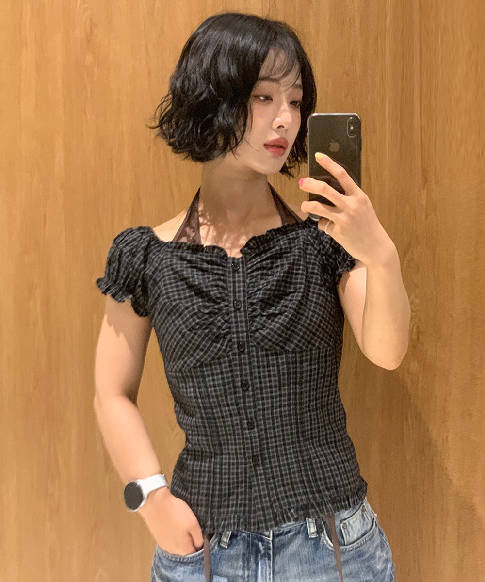 woman cap sleeve shirring puff blouse [black]