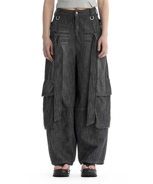 Utility Belted Cargo Denim Pants [ Gray ]