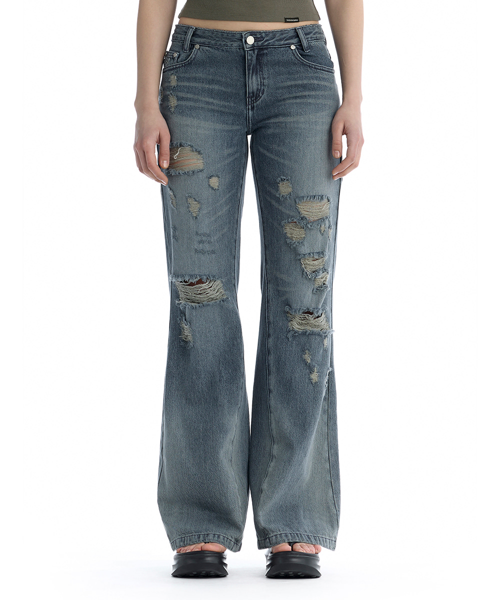 Distressed Bootcut Denim Pants [ Blue ]