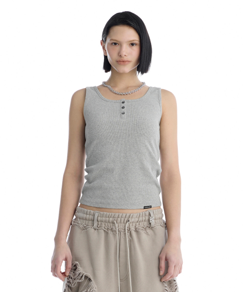 Essential Buttoned Ribbed Tank Top [ Melange Gray ]