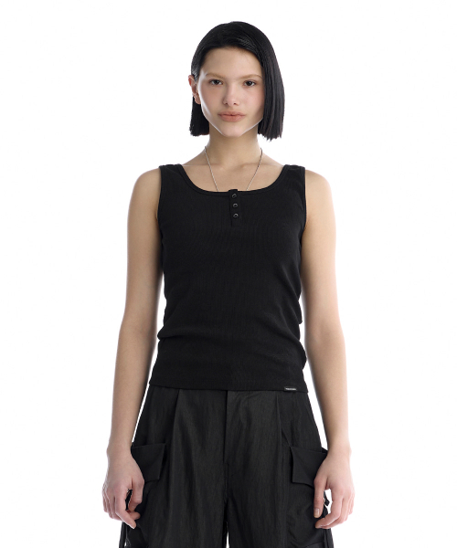 Essential Buttoned Ribbed Tank Top [ Black ]