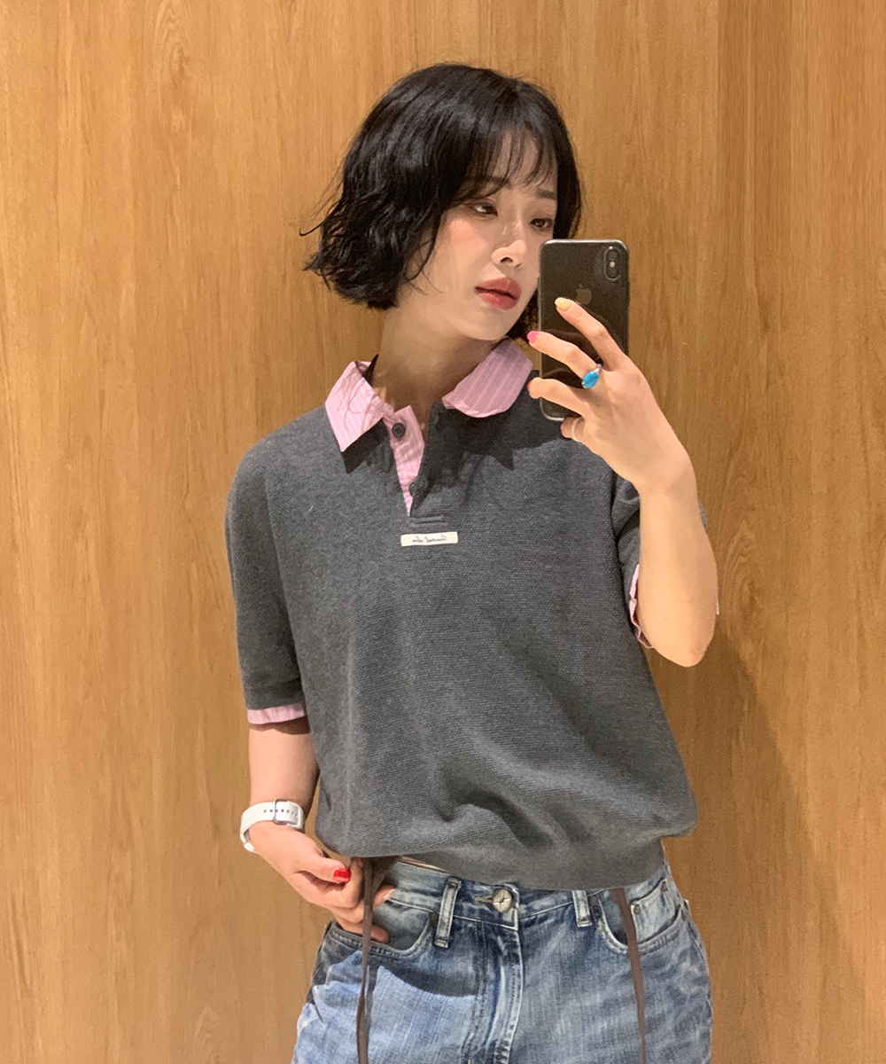woman рубашка collar pique half knit [уголь]