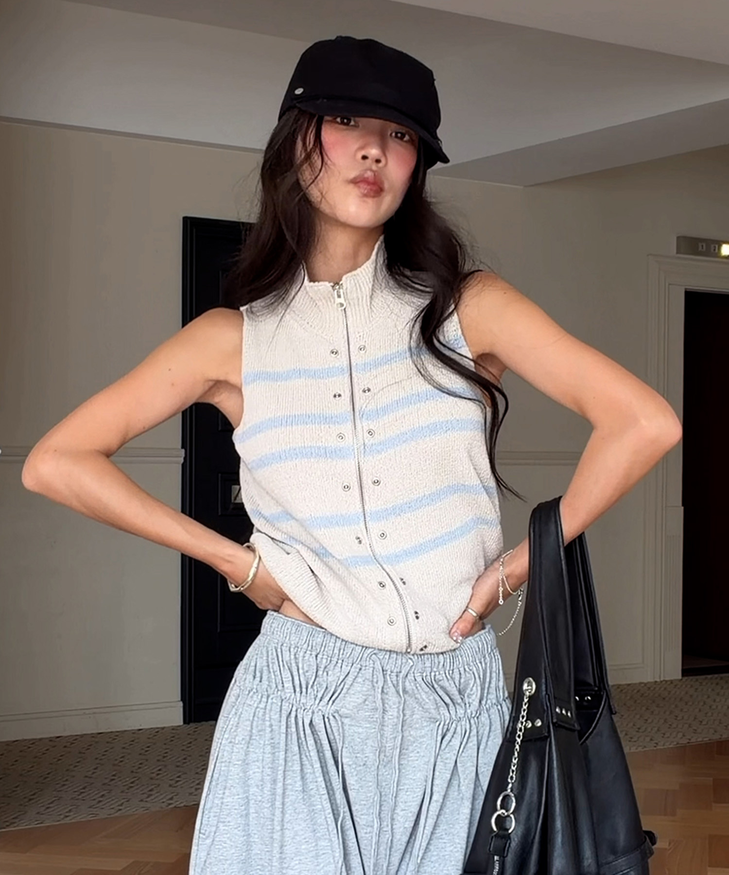 STRIPE KNIT VEST ZIP UP IN LIGHT GREY