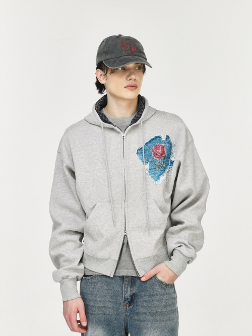 Rose Denim Patch Hoodie Melange