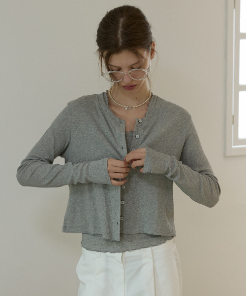 Frill sleeve crop cardigan solid Gray