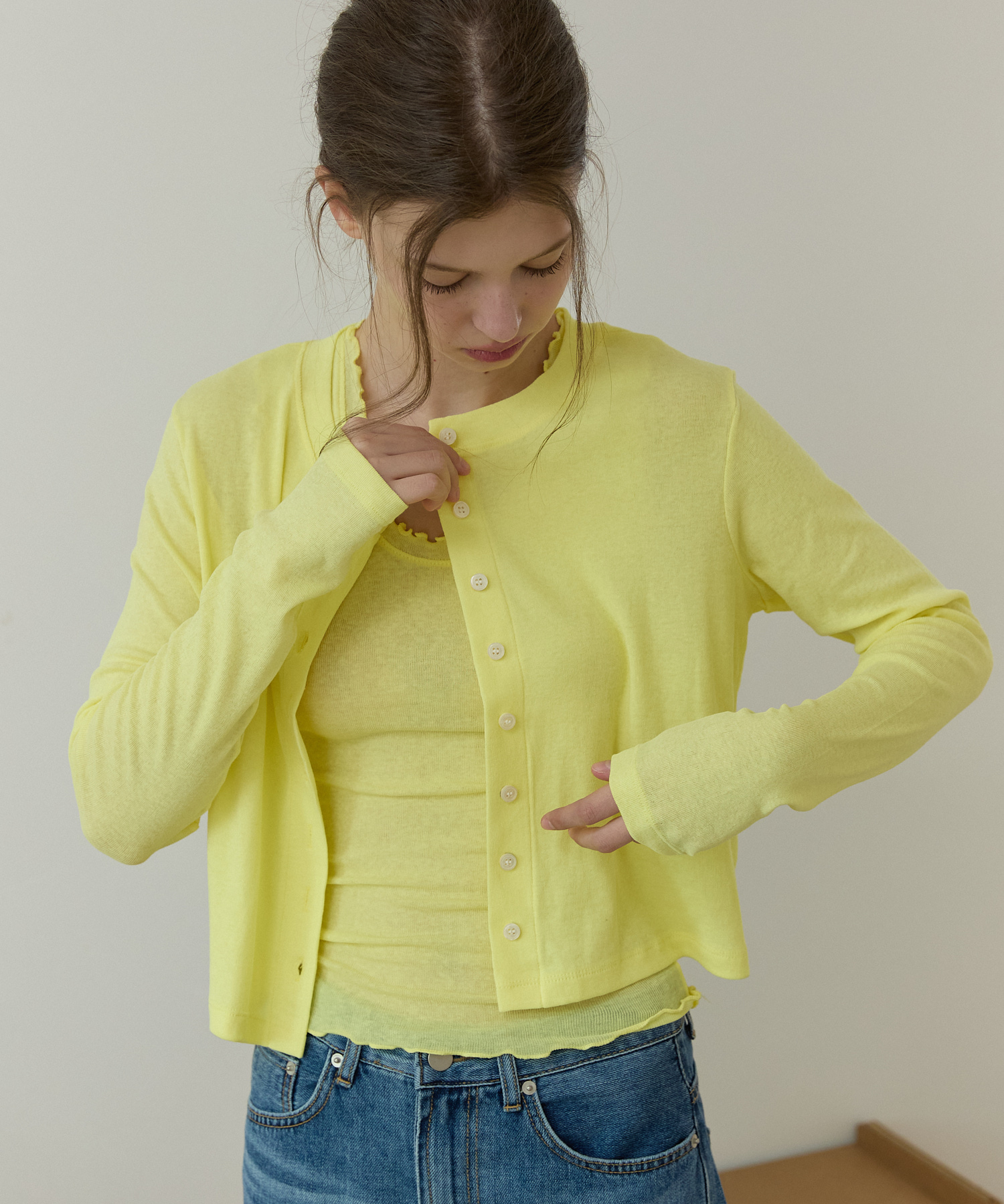 Frill sleeve crop cardigan solid Yellow