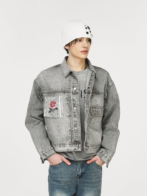 Rose Patch Denim Jacket Gray