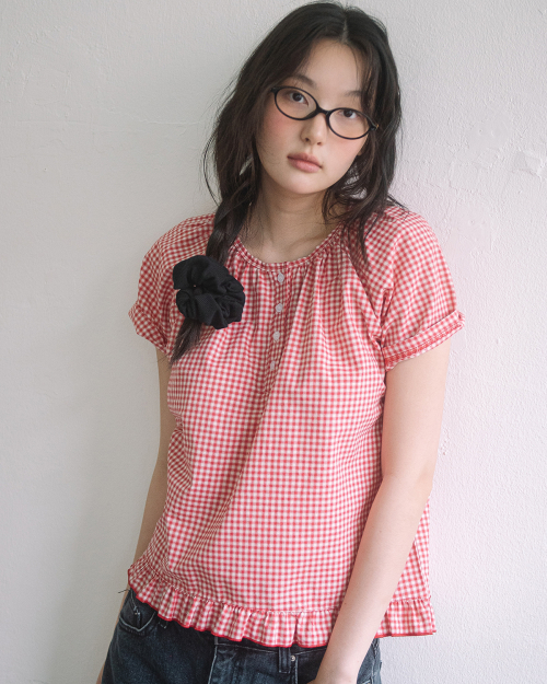 CHECK HENLEY NECK BLOUSE(RED)