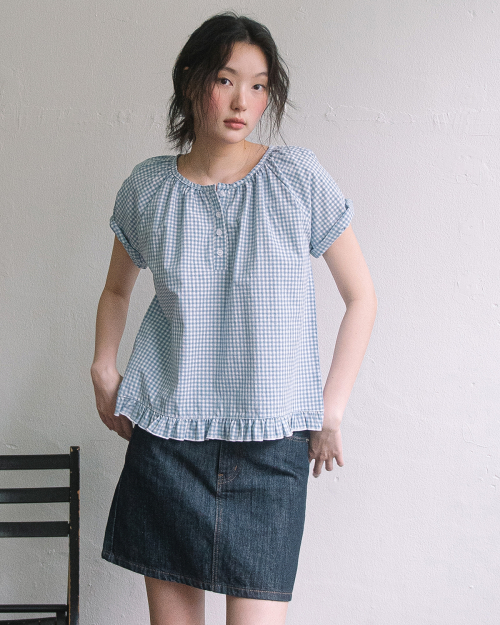 CHECK HENLEY NECK BLOUSE(SKY BLUE)