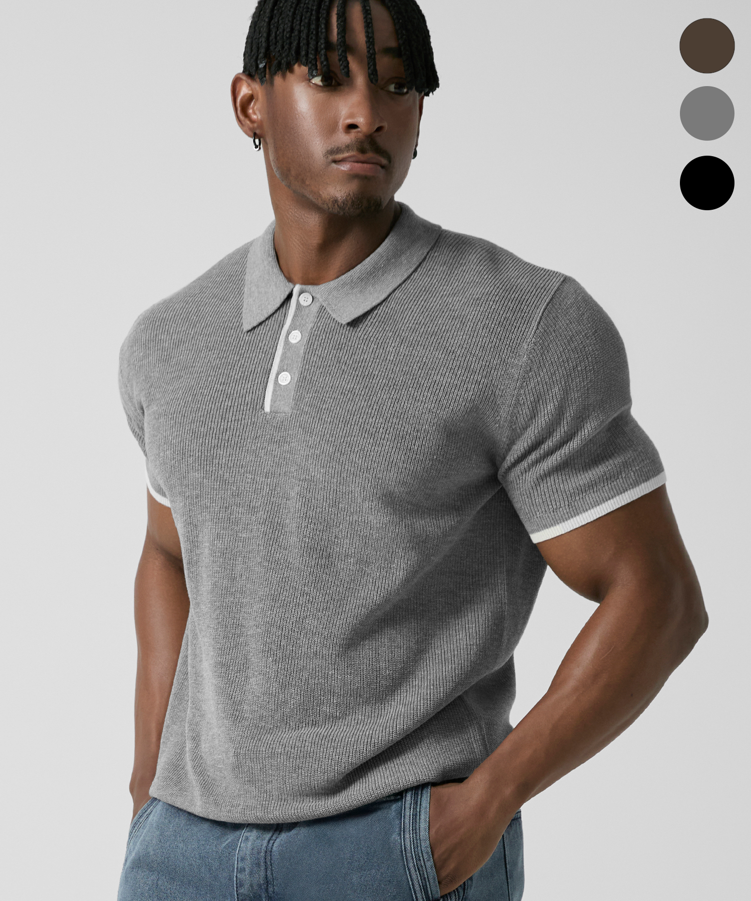 LINEN MUSCLE FIT COLORED COLLAR KNIT_3color