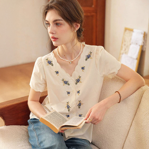 SR_V-neck embroidered blouse