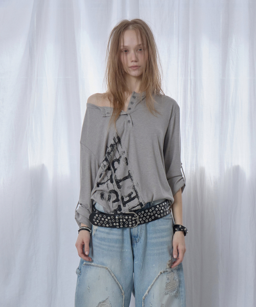 ASYMMETRY HENRY LONG SLEEVE TOP / GRAY