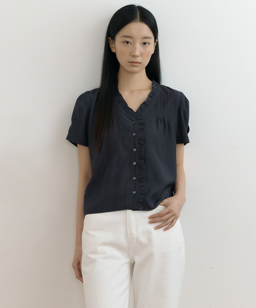 pintuck frill blouse-charcoal