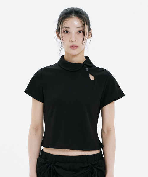 Polka dot round collar tee BLACK