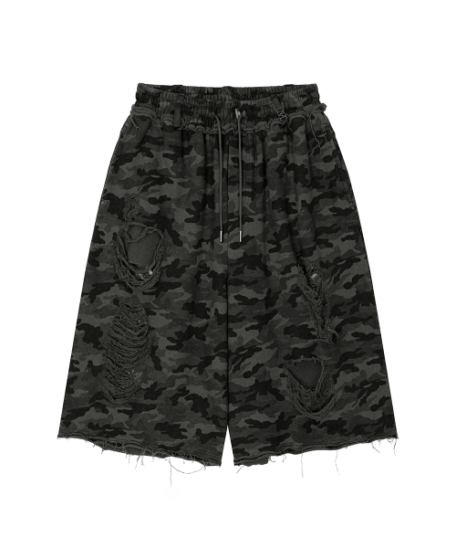 Camo Scratch Damage Bermuda Sweat Pants [ Charcoal ]