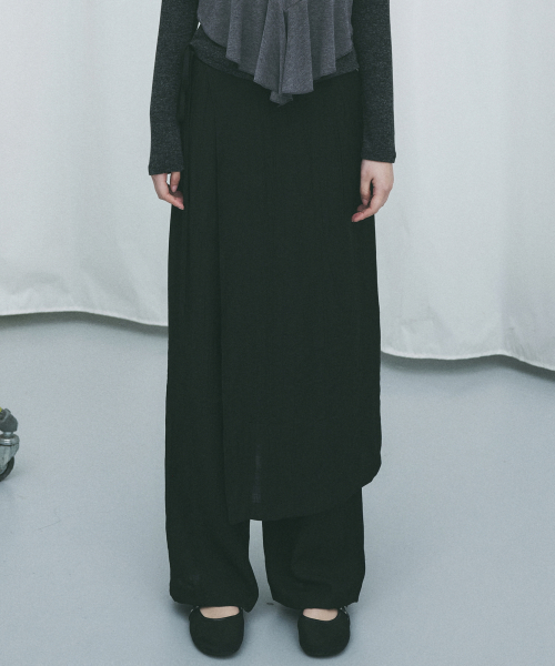 WRINKLE LAYERED WRAP SKIRT PANTS_BLACK
