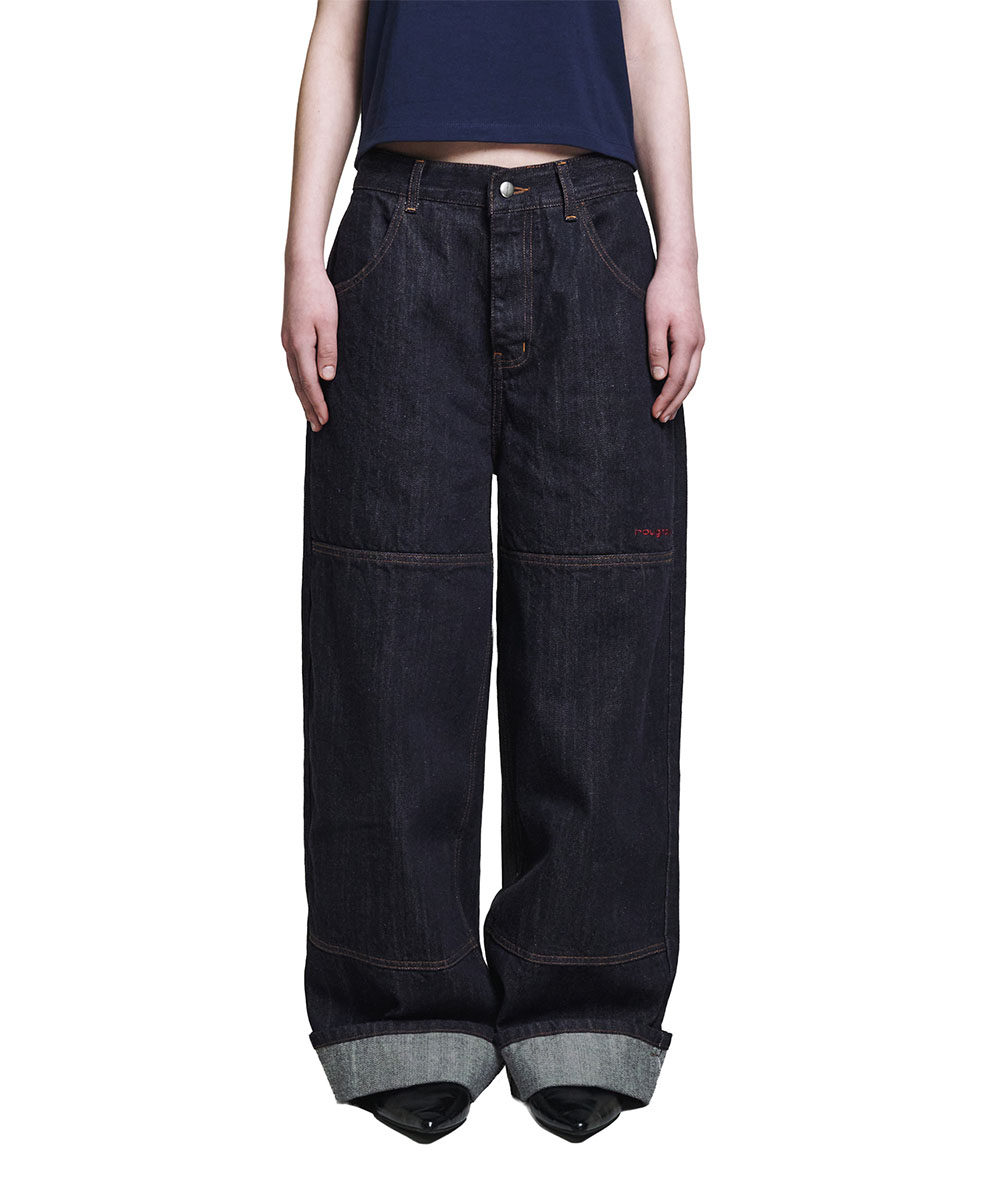 Logo Point Roll-up Denim Pants - Indigo