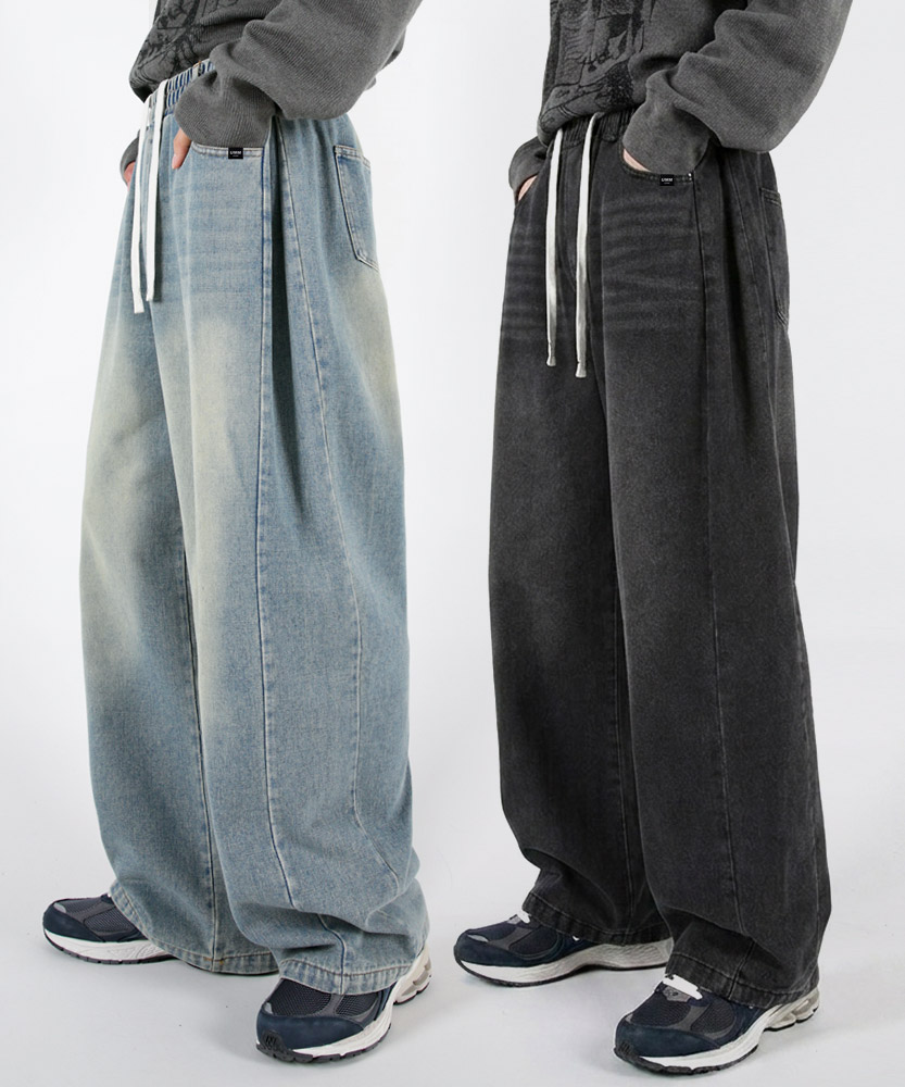 Men side pintuck wide waist band denim pants 3colors