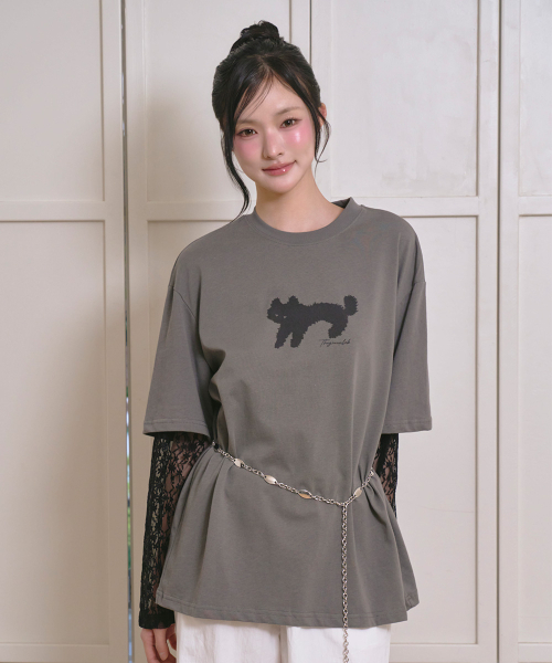 Футболка с котиком и кружевными рукавами (Charcoal Grey)