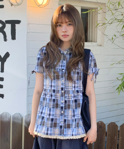 PUFF SLEEVES RIBBON BLOUSE [BABY BLUE]