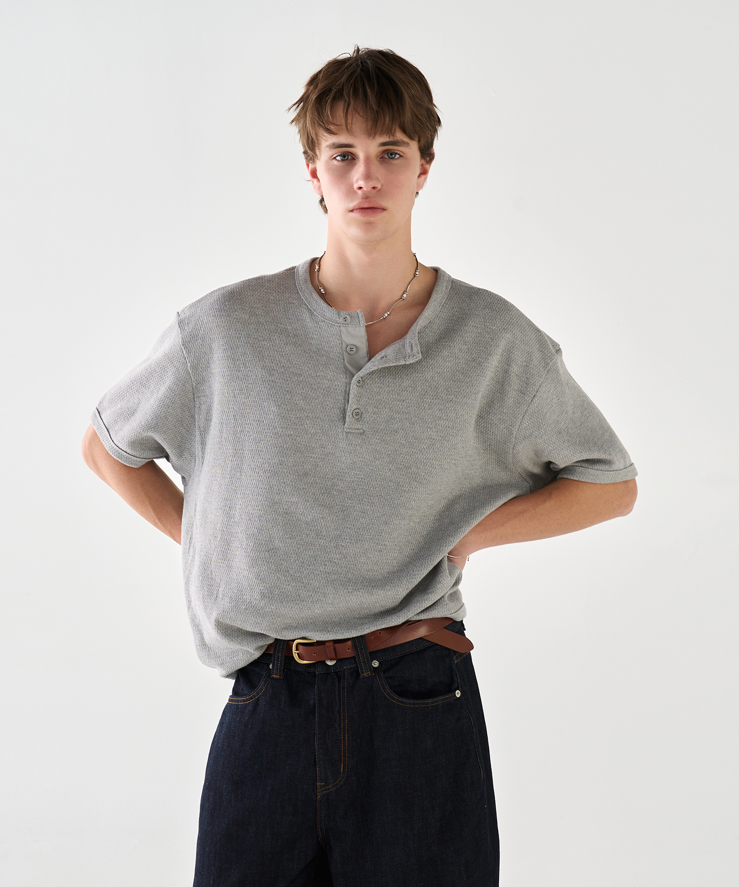henley neck t-shirts (melange gray)