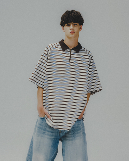 Striped Raglan Half-Zip Polo - Brown