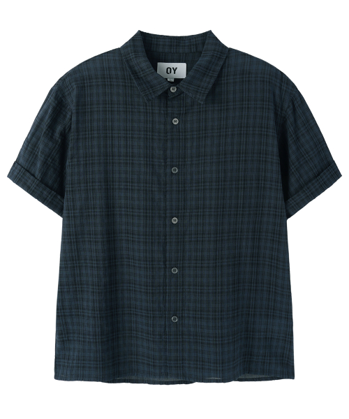 CHECK ROLL-UP CROP S/S SHIRTS - NAVY