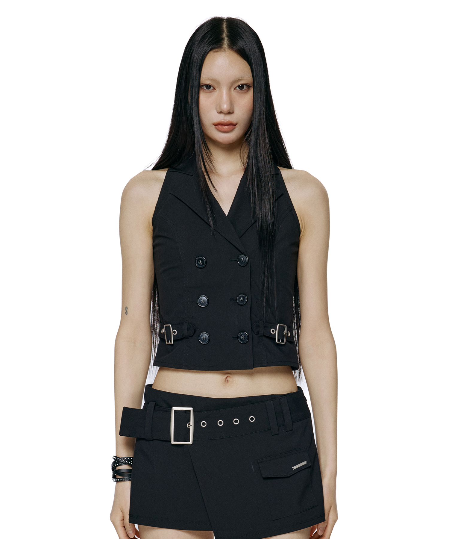 Double Button Halter Vest - Black