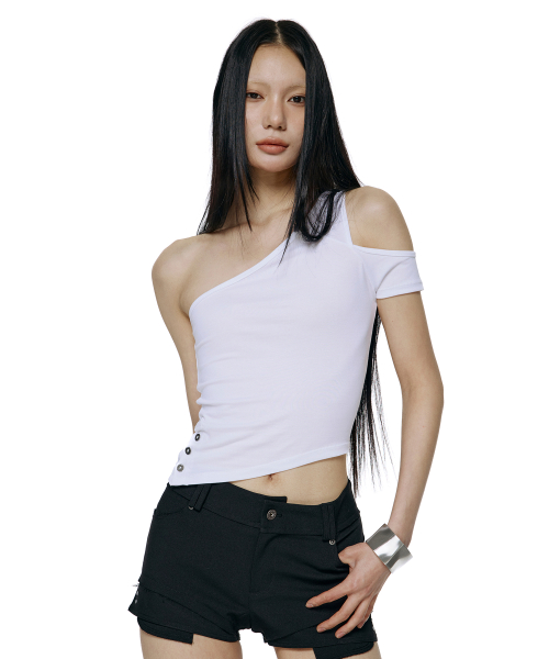 Slit Button Asymmetric Sleeveless - White