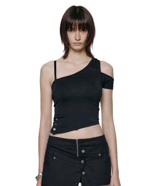 Slit Button Asymmetric Sleeveless - Black