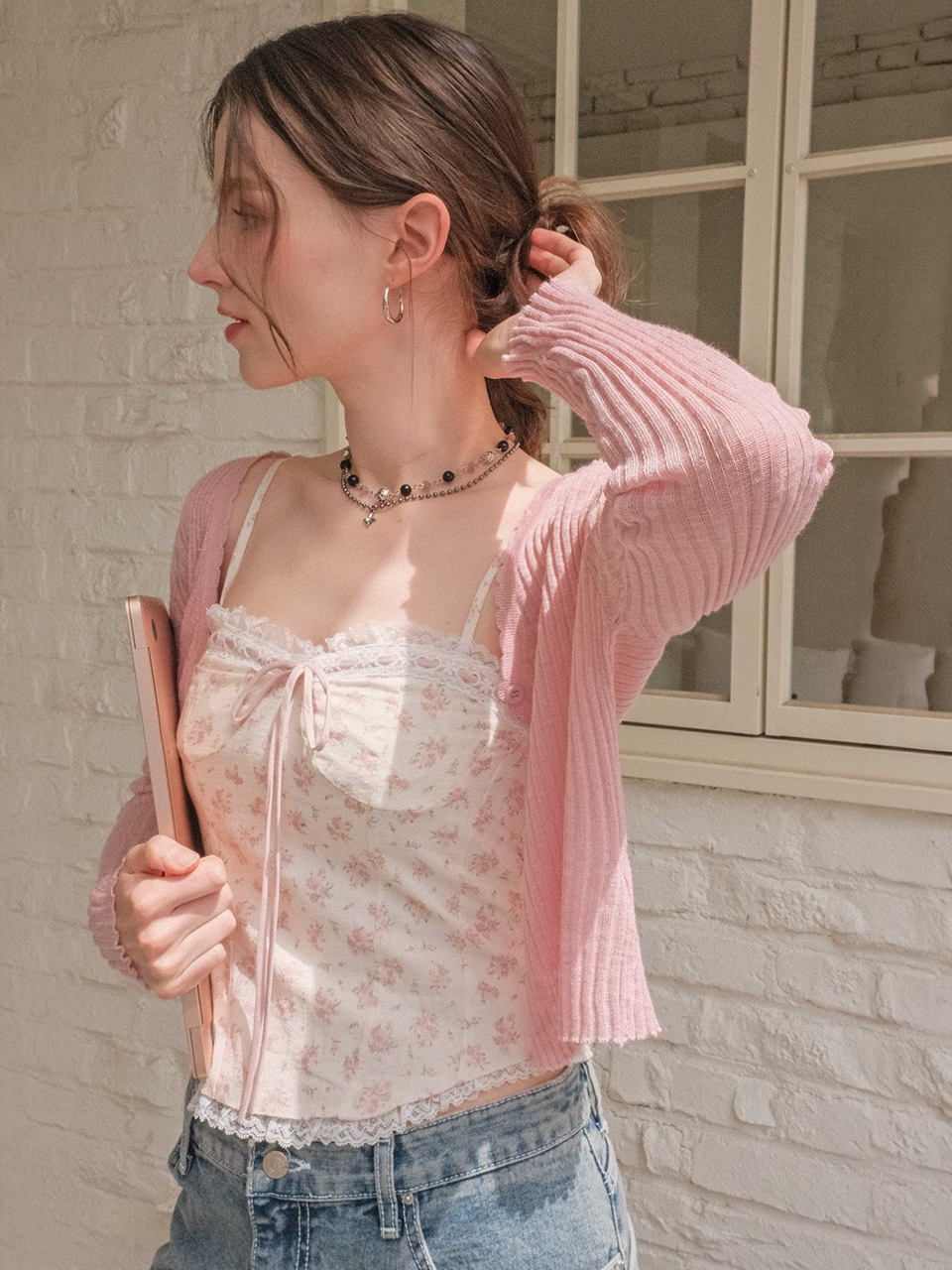 Sheer Knit Floral Cardigan Layered Set 3colors