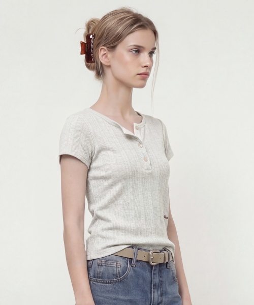 SOFT CAP SLEEVE HENRY NECK T-SHIRT - MELANGE WHITE