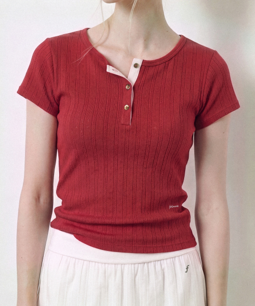 SOFT CAP SLEEVE HENRY NECK T-SHIRT - RED